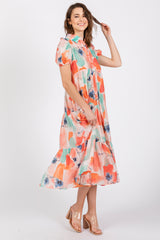 Aqua Floral Button Front Short Sleeve Tiered Midi Dress