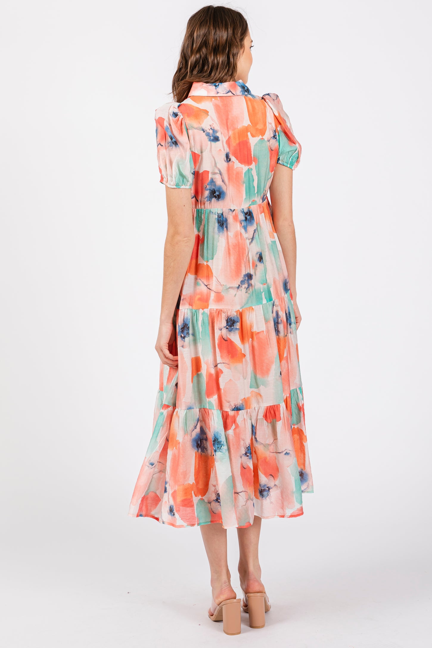 Aqua Floral Button Front Short Sleeve Tiered Midi Dress Aqua Floral Button Front Short Sleeve Tiered Midi Dress