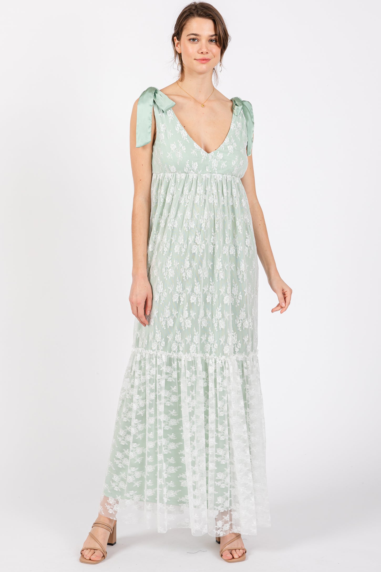 Light Olive V-Neck Satin Tie Lace Overlay Maternity Maxi Dress Light Olive V-Neck Satin Tie Lace Overlay Maternity Maxi Dress