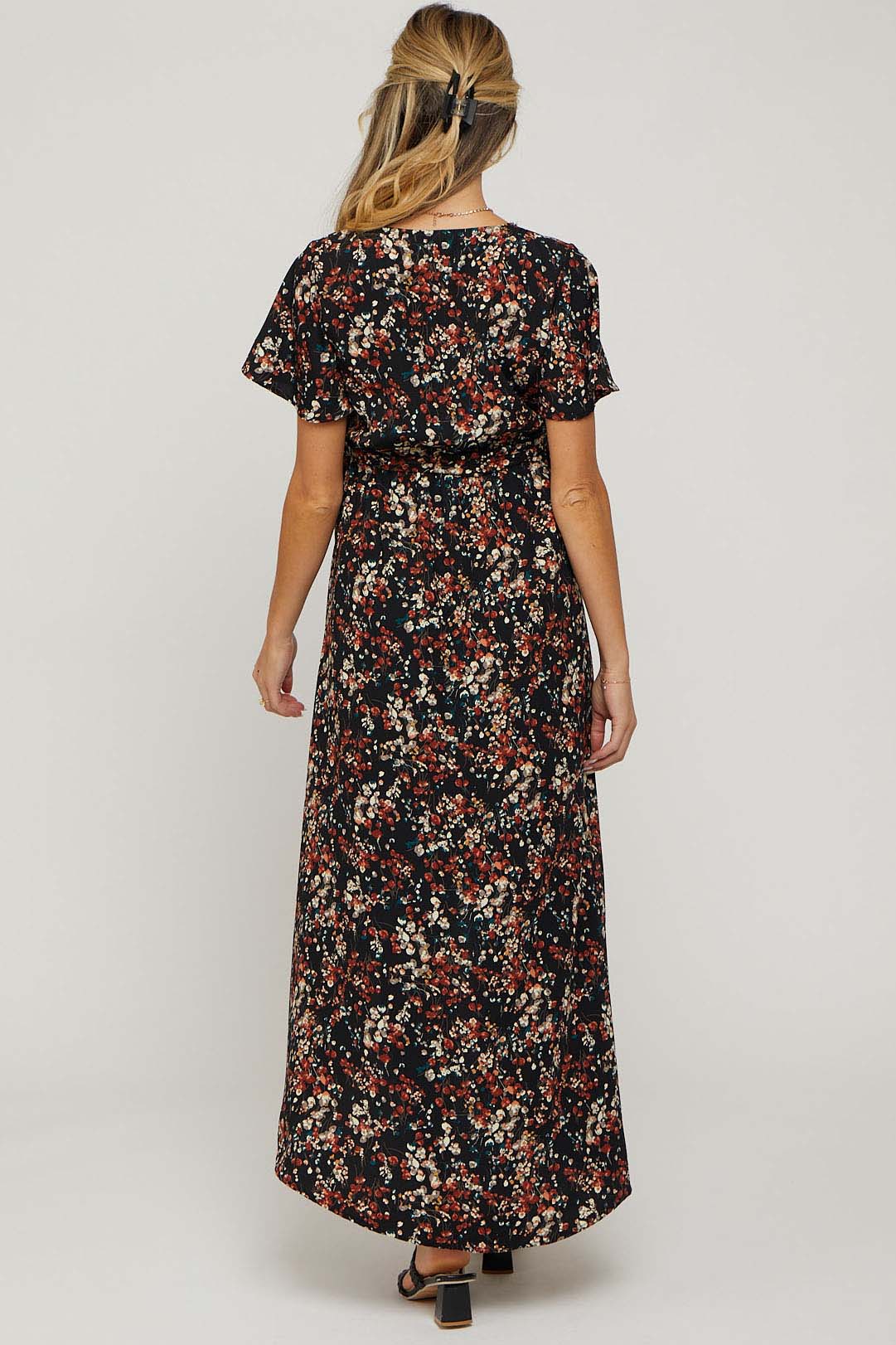 Black Floral Hi-Lo Maternity Wrap Maxi Dress