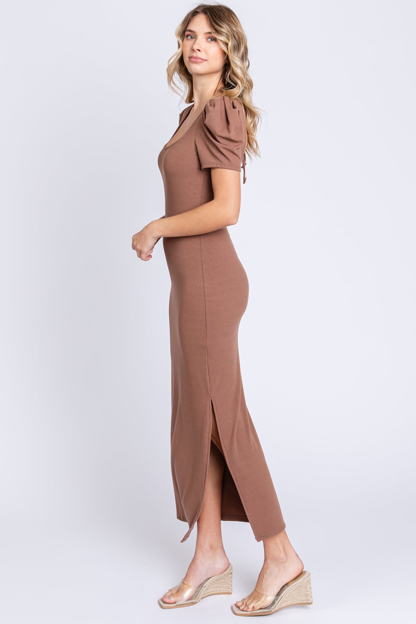 Brown Ribbed Square Neck Side Slit Dress