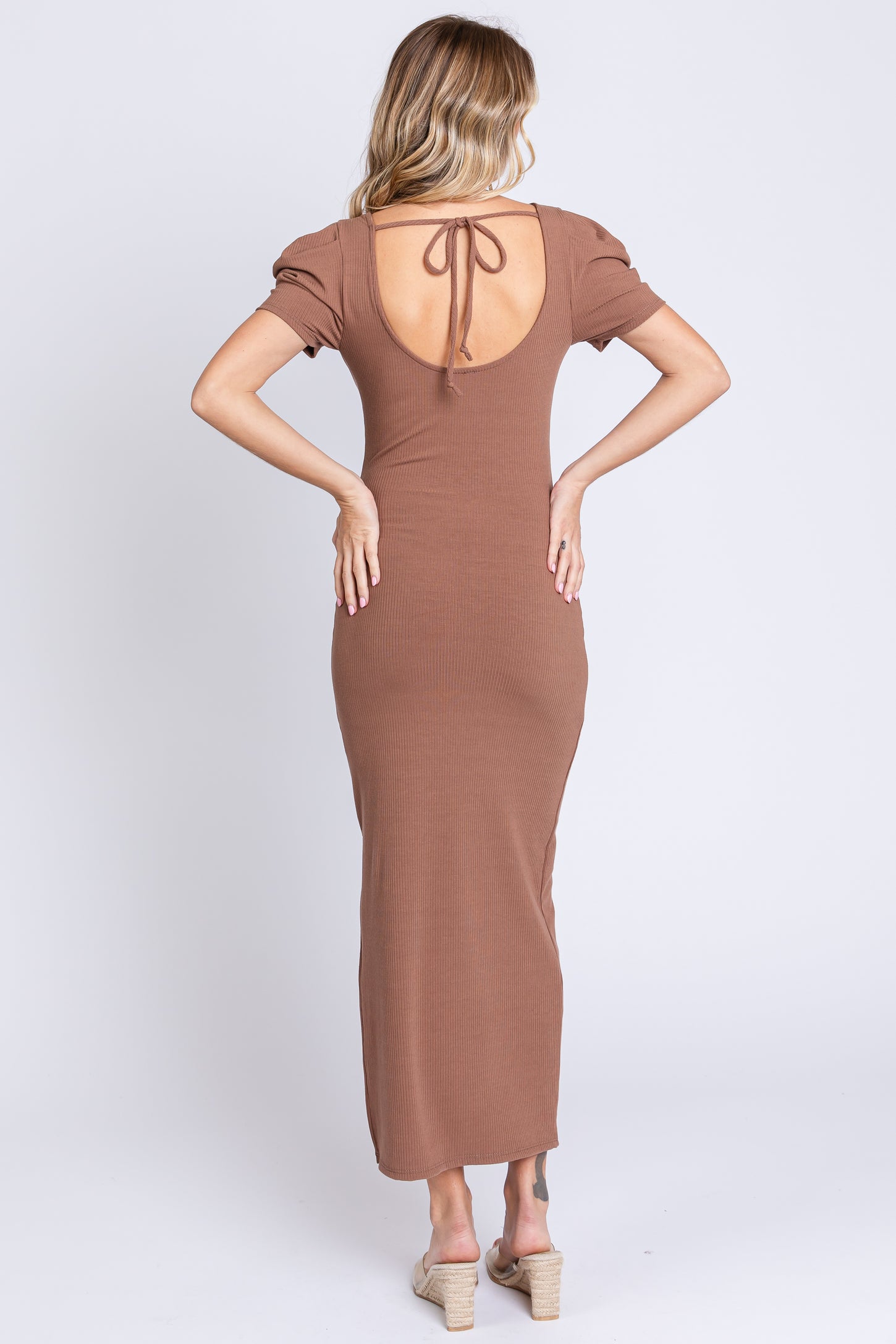 Brown Ribbed Square Neck Side Slit Dress PinkBlush Brown Ribbed Square Neck Side Slit Dress PinkBlush