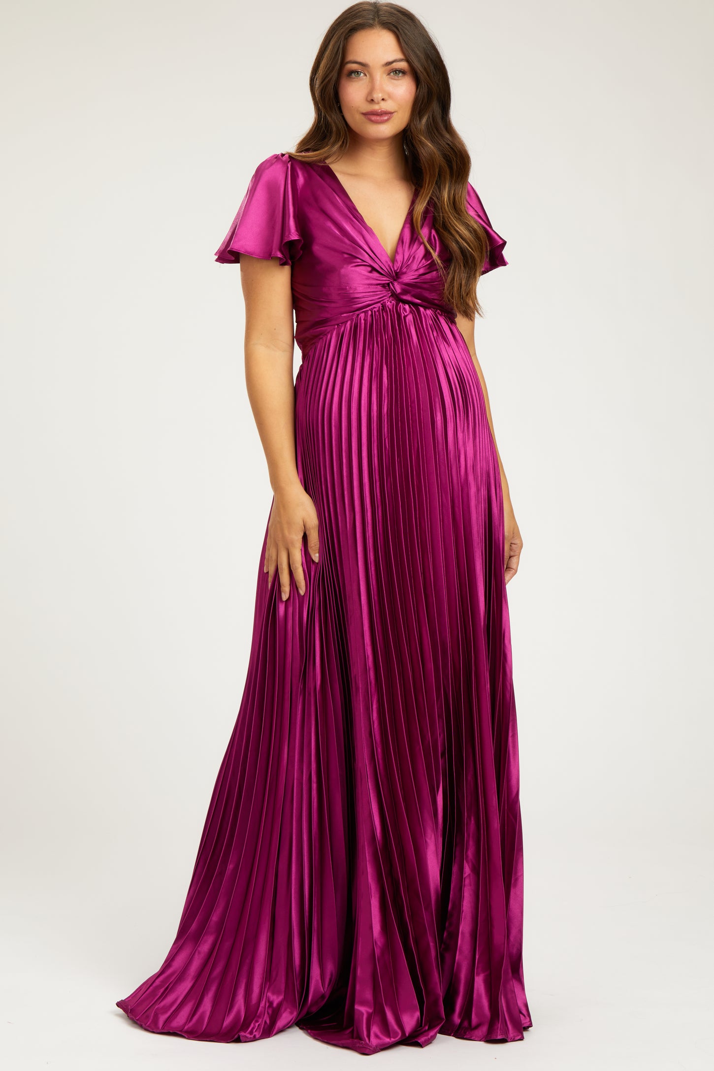 Magenta Short Sleeve Pleated Tie Back Maternity Maxi Dress– PinkBlush