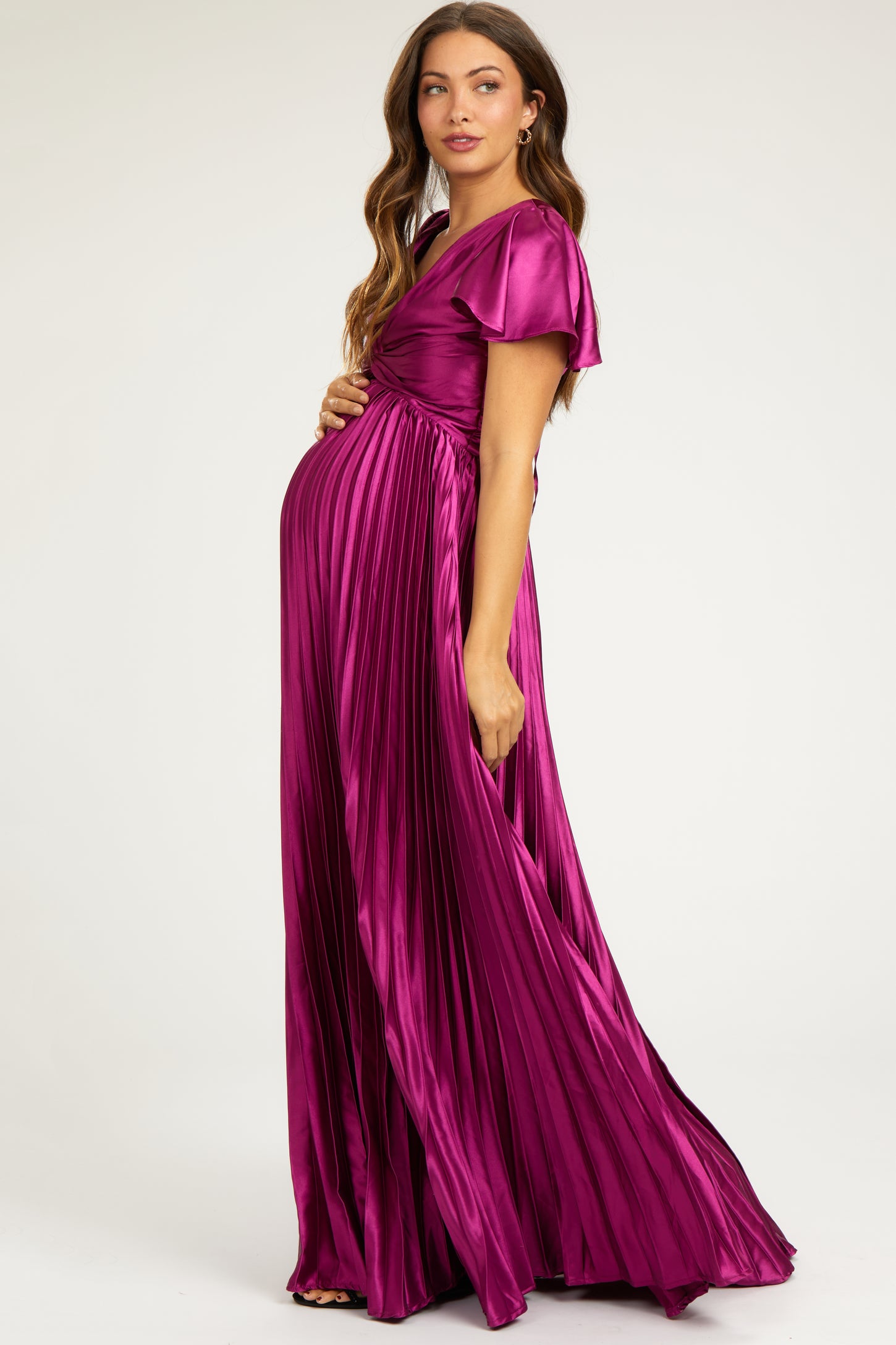 Magenta Short Sleeve Pleated Tie Back Maternity Maxi Dress PinkBlush Magenta Short Sleeve Pleated Tie Back Maternity Maxi Dress PinkBlush