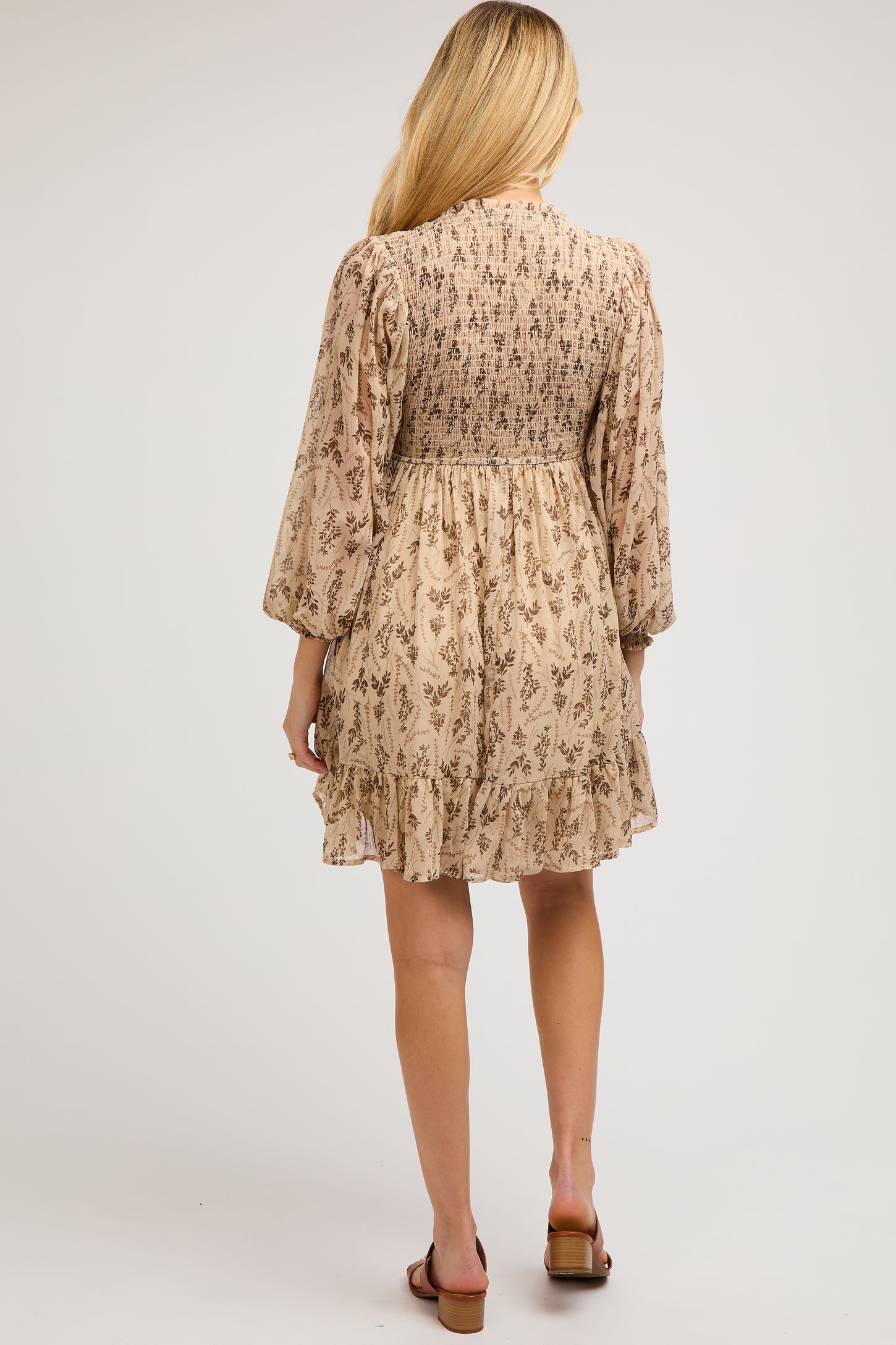 Taupe Floral Smocked Long Sleeve Maternity Dress