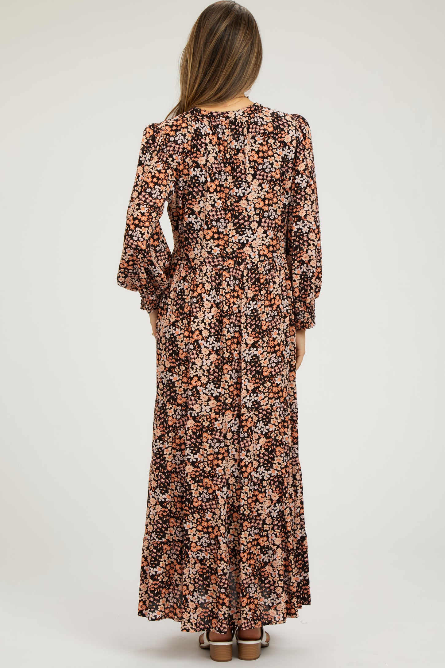 Black Floral Tiered Long Sleeve Maternity Dress