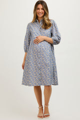 Light Blue Floral Button Front 3/4 Sleeve Maternity Dress