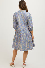 Light Blue Floral Button Front 3/4 Sleeve Maternity Dress
