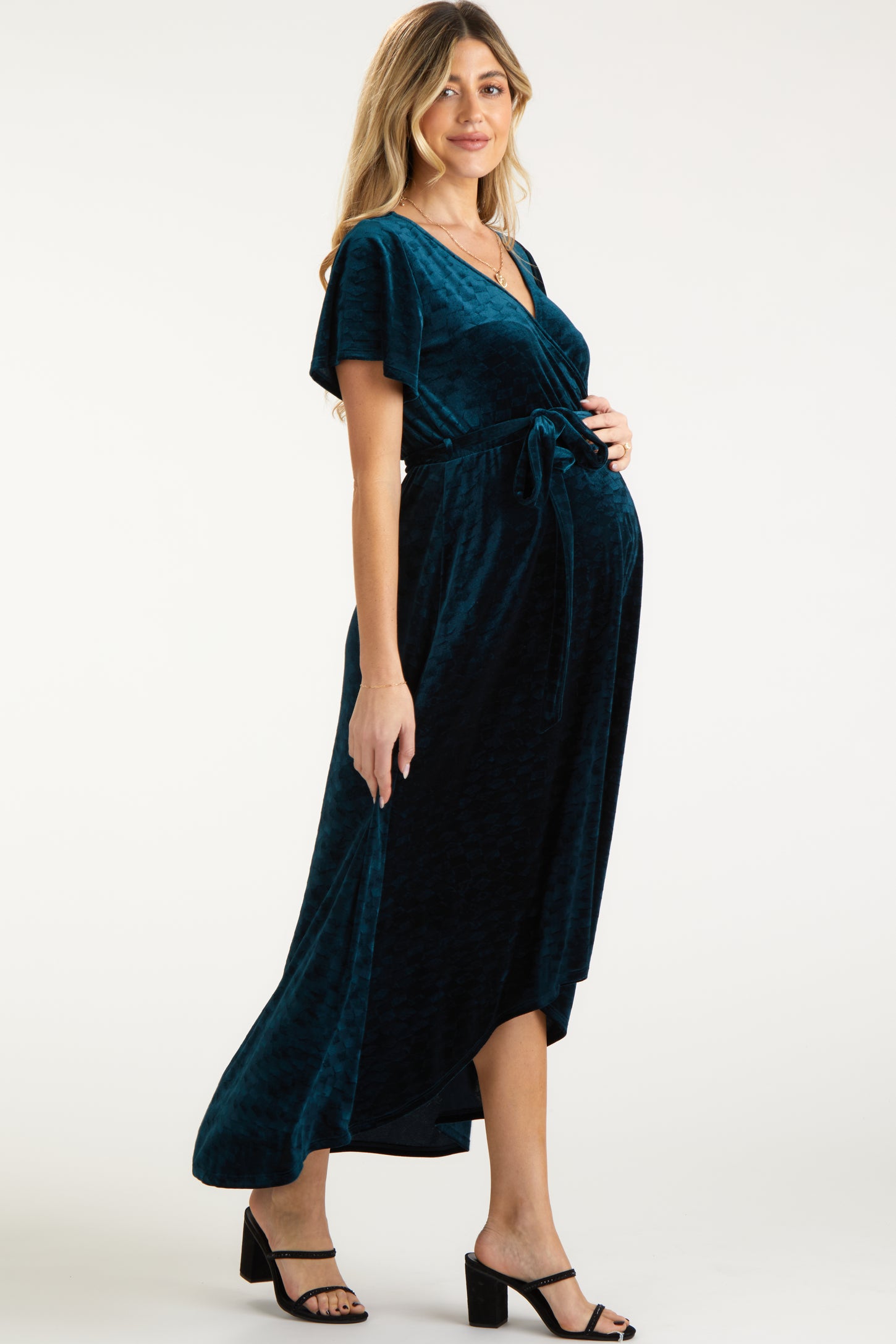 Dark Teal Velvet Wrap Front V-Neck Hi-Low Maternity Midi Dress PinkBlush Dark Teal Velvet Wrap Front V-Neck Hi-Low Maternity Midi Dress PinkBlush