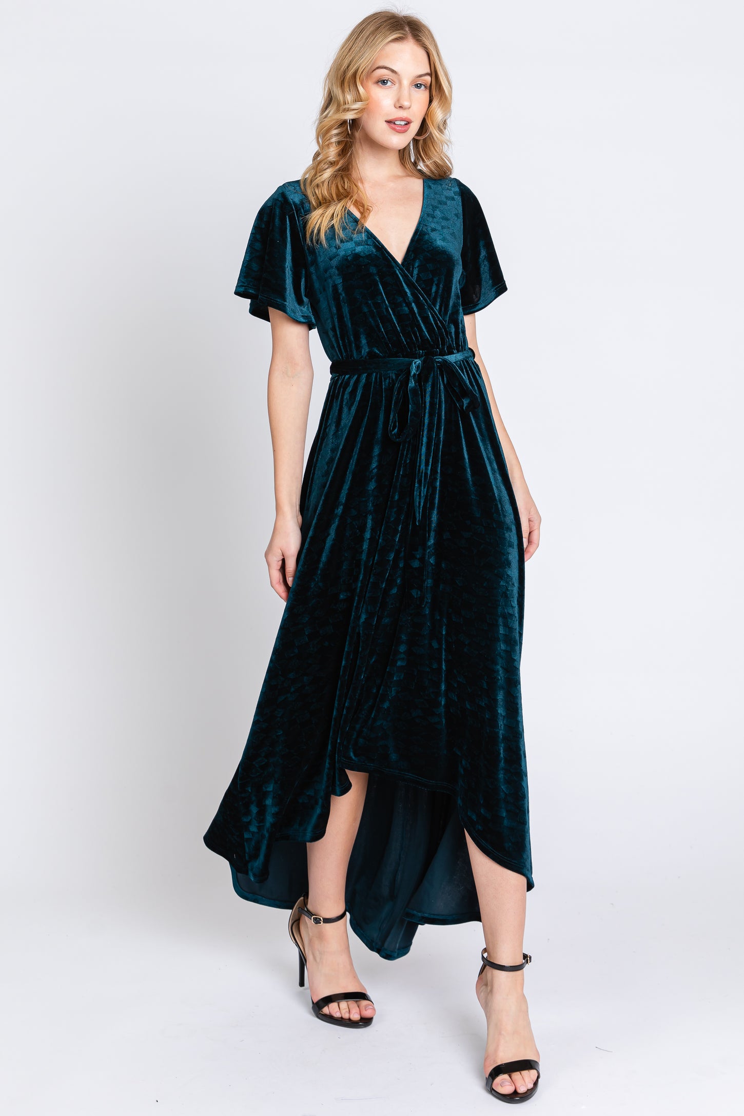 Dark Teal Velvet Wrap Front V-Neck Hi-Low Maternity Midi Dress PinkBlush Dark Teal Velvet Wrap Front V-Neck Hi-Low Maternity Midi Dress PinkBlush