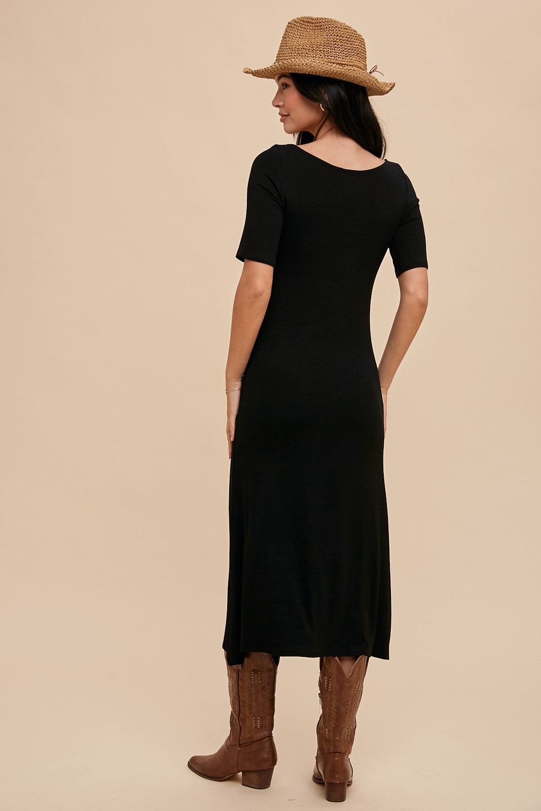 Black U Notched Midi Dress