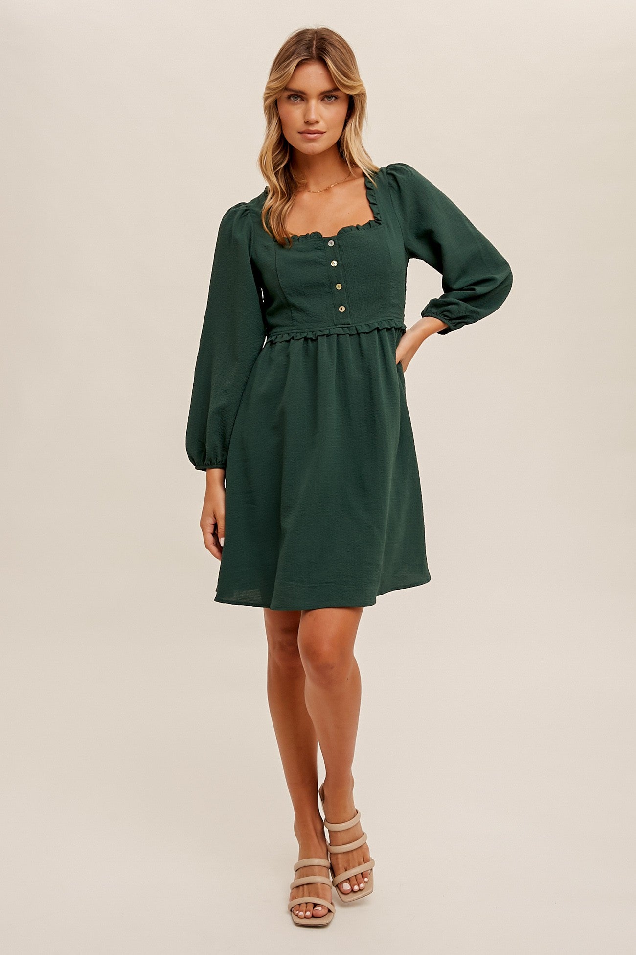 Hunter Green Square Neckline Ruffle Trim Babydoll Dress Hunter Green Square Neckline Ruffle Trim Babydoll Dress