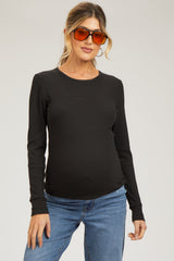 Black Waffle Knit Basic Long Sleeve Maternity Top