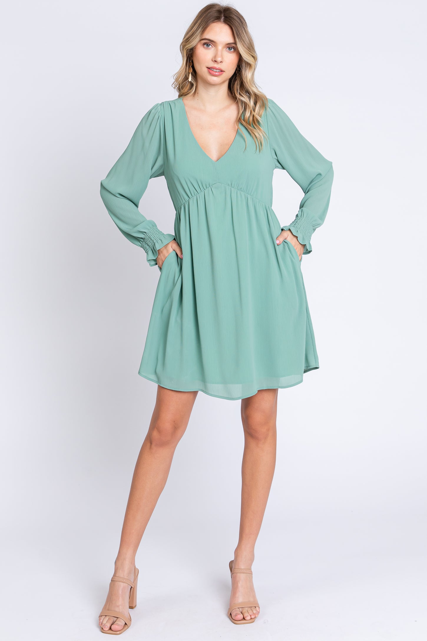 Mint Green V-Neck Long Sleeve Dress PinkBlush Mint Green V-Neck Long Sleeve Dress PinkBlush
