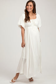 White Front Tie Puff Sleeve Maternity Maxi Dress