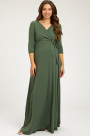 PinkBlush Light Olive Draped 3/4 Sleeve Maternity Maxi Dress