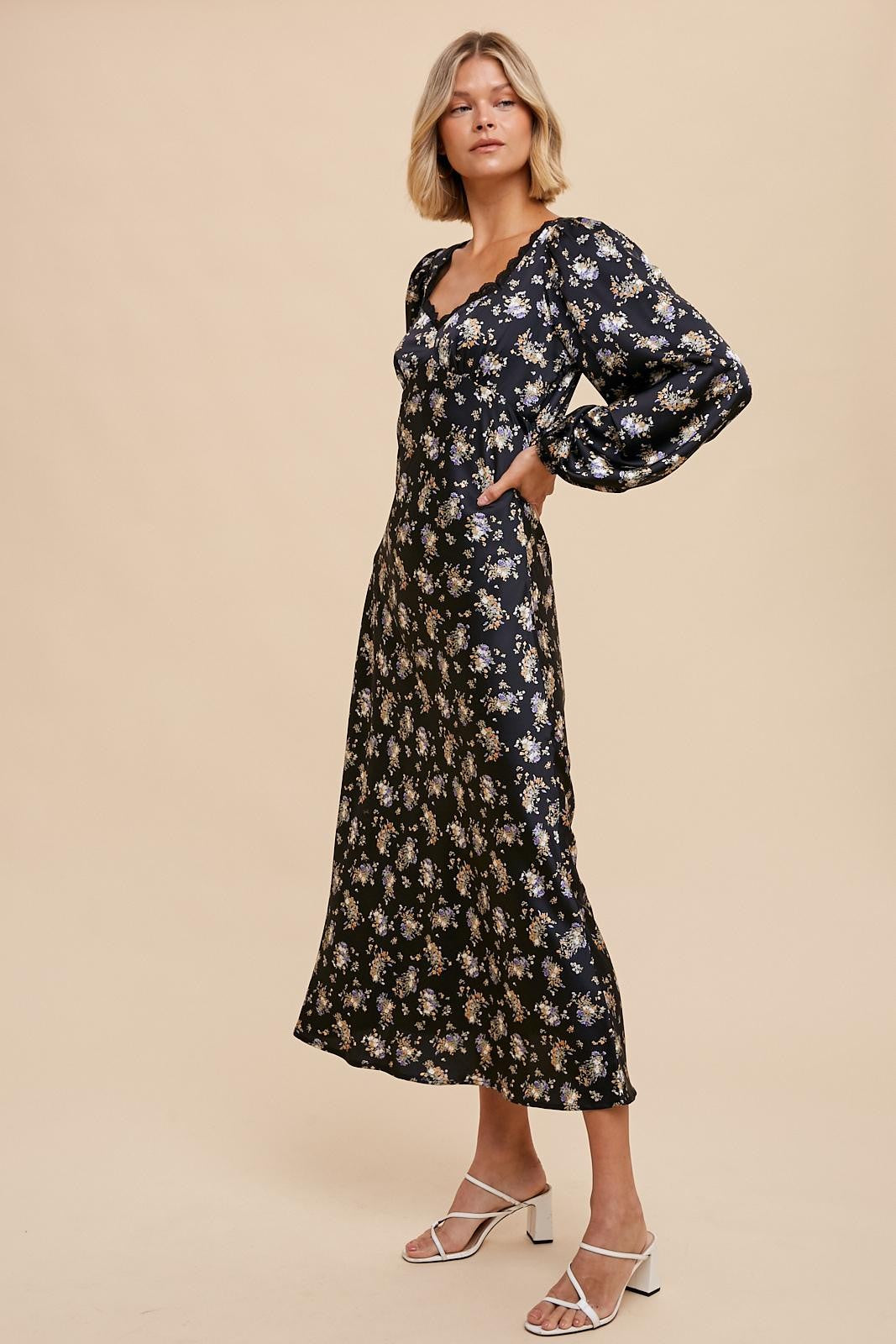 Midnight Sweetheart Neck Satin Floral Dress – PinkBlush