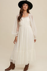 Champagne Sweetheart Neck Mesh Long Sleeve Maxi Dress