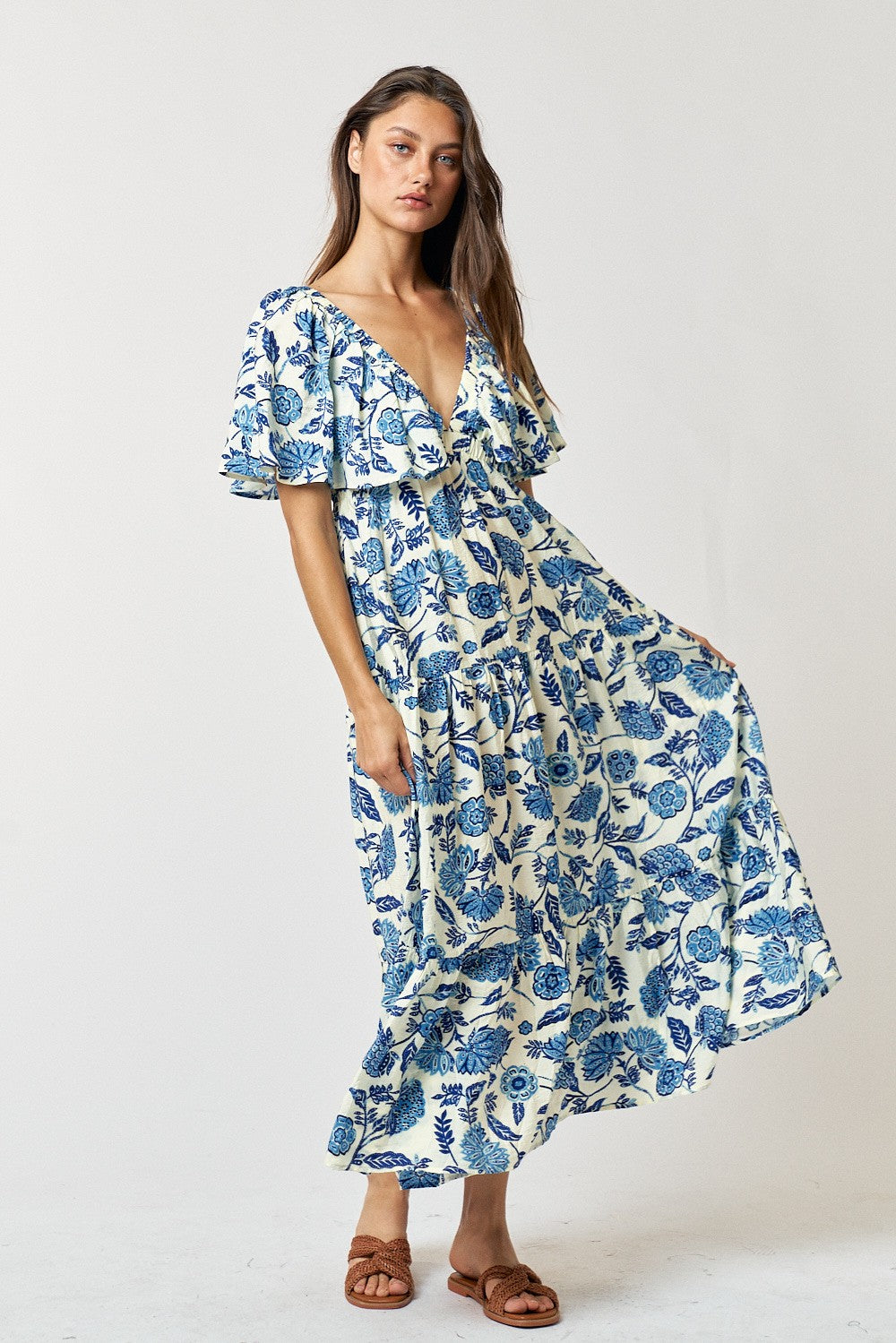 Blue Floral Deep V-Neck Ruffle Midi Dress– PinkBlush