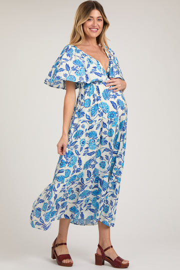 Blue Floral Deep V-Neck Ruffle Maternity Midi Dress