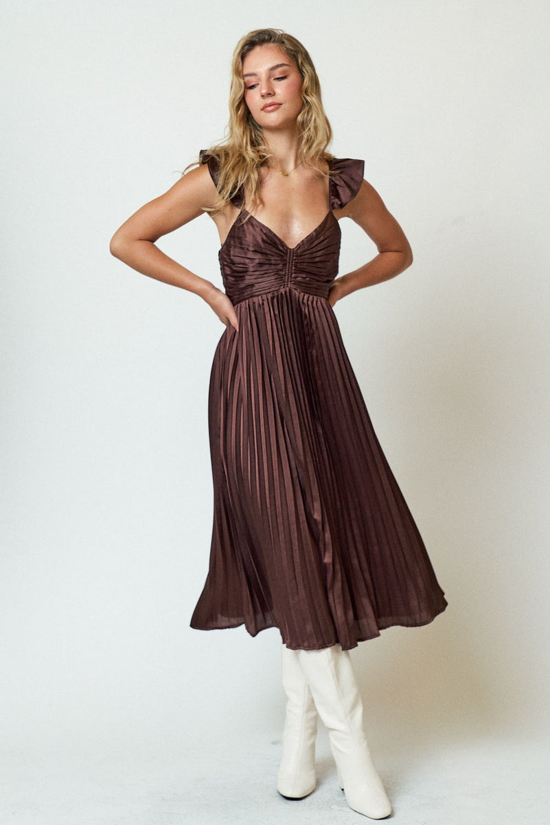 Brown Sleeveless Pleated Dress – PinkBlush