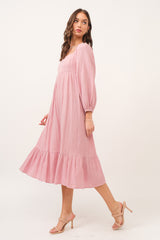 Pink Gauze Square Neck Long Sleeve Midi Dress