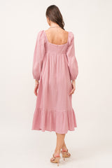 Pink Gauze Square Neck Long Sleeve Midi Dress