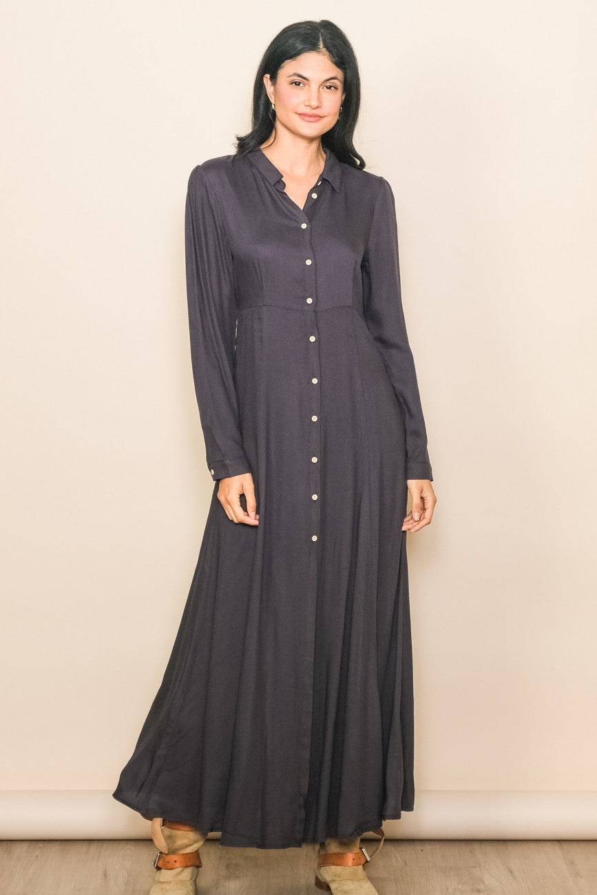 Charcoal Collared Button Down Long Sleeve Maxi Dress PinkBlush