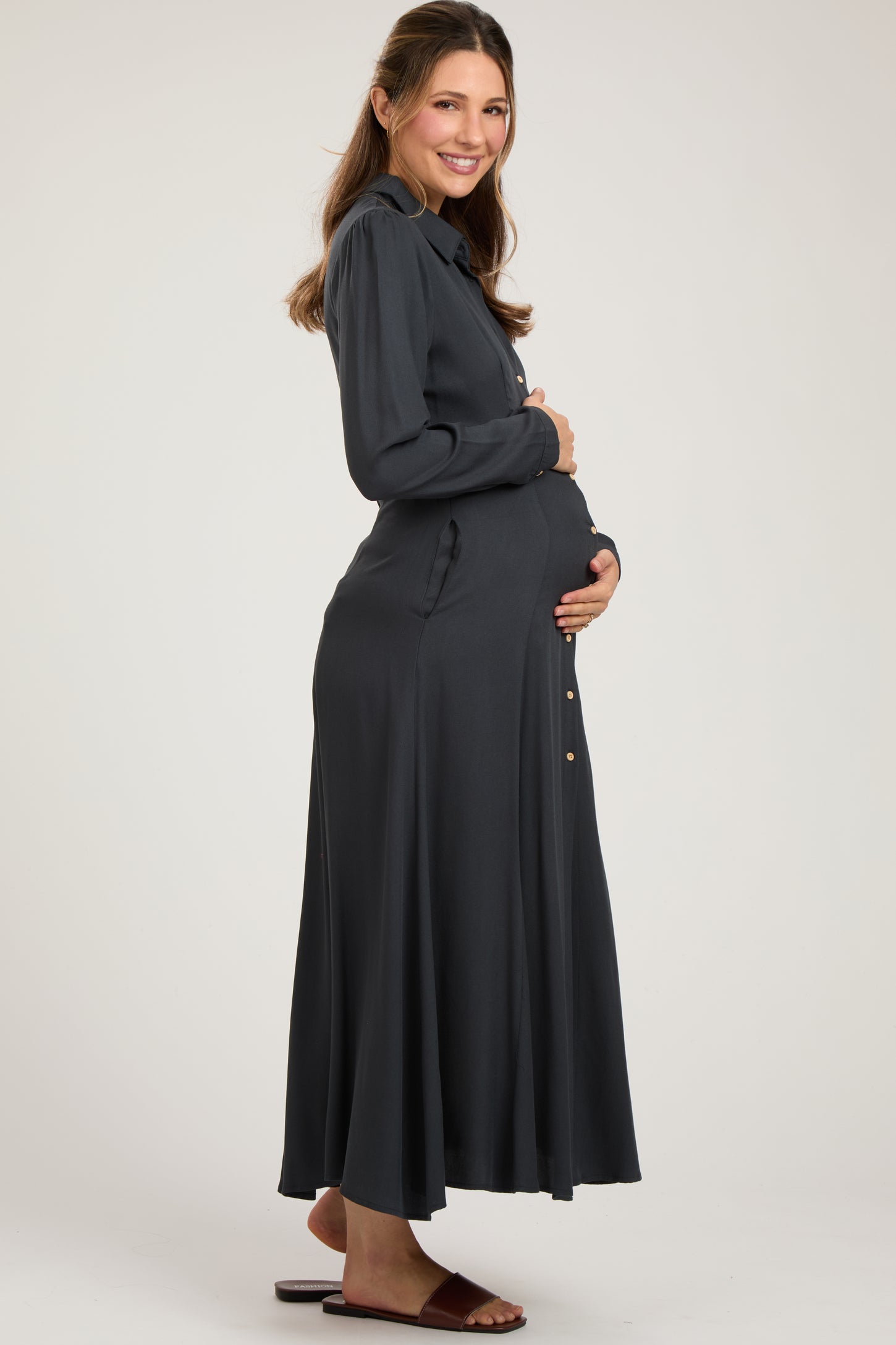 long sleeve collared maxi dress Rust Collared Button Down Long Sleeve Maxi Dress PinkBlush
