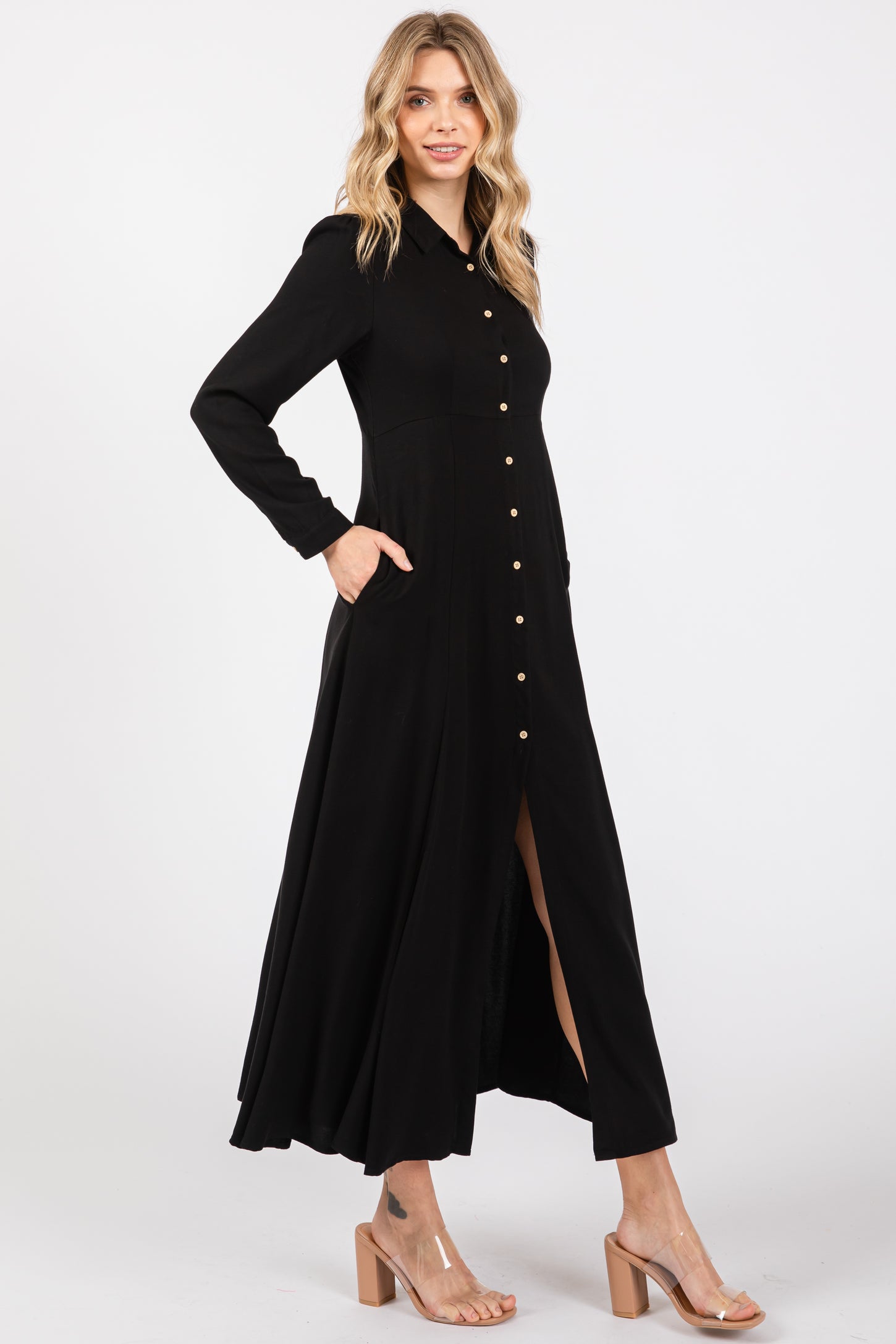 Black Collared Button Down Long Sleeve Maxi Dress PinkBlush Black Collared Button Down Long Sleeve Maxi Dress PinkBlush