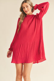 Red Pleated High Neck Mini Dress