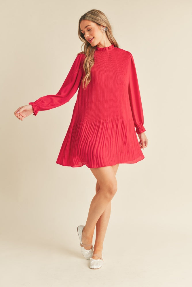 Red Pleated High Neck Mini Dress