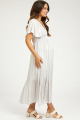 Gray Smocked Flutter Sleeve Maternity Midi Dress