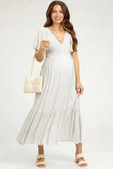Gray Smocked Flutter Sleeve Maternity Midi Dress