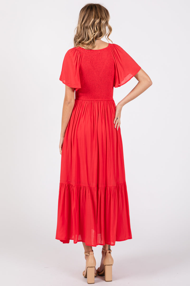 Red Smocked Flutter Sleeve Midi Dress – PinkBlush