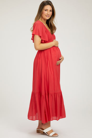 Red Smocked Flutter Sleeve Maternity Midi Dress