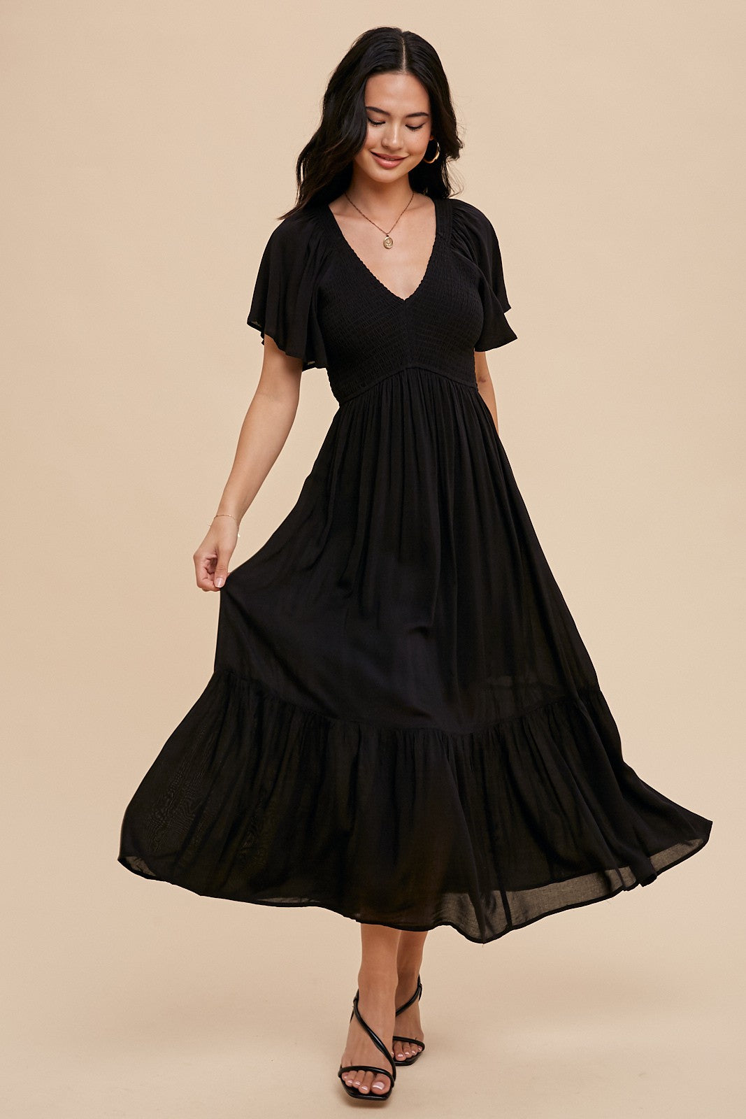 Black Smocked Flutter Sleeve Midi Dress Black Smocked Flutter Sleeve Midi Dress