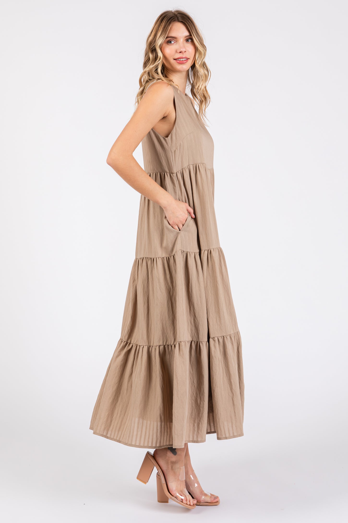 Mocha Sleeveless Tiered Maxi Dress