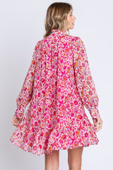 Magenta Floral Chiffon Mock Neck Button Front Dress