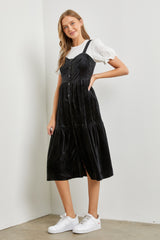 Black Velvet Ruffled Midi Dress