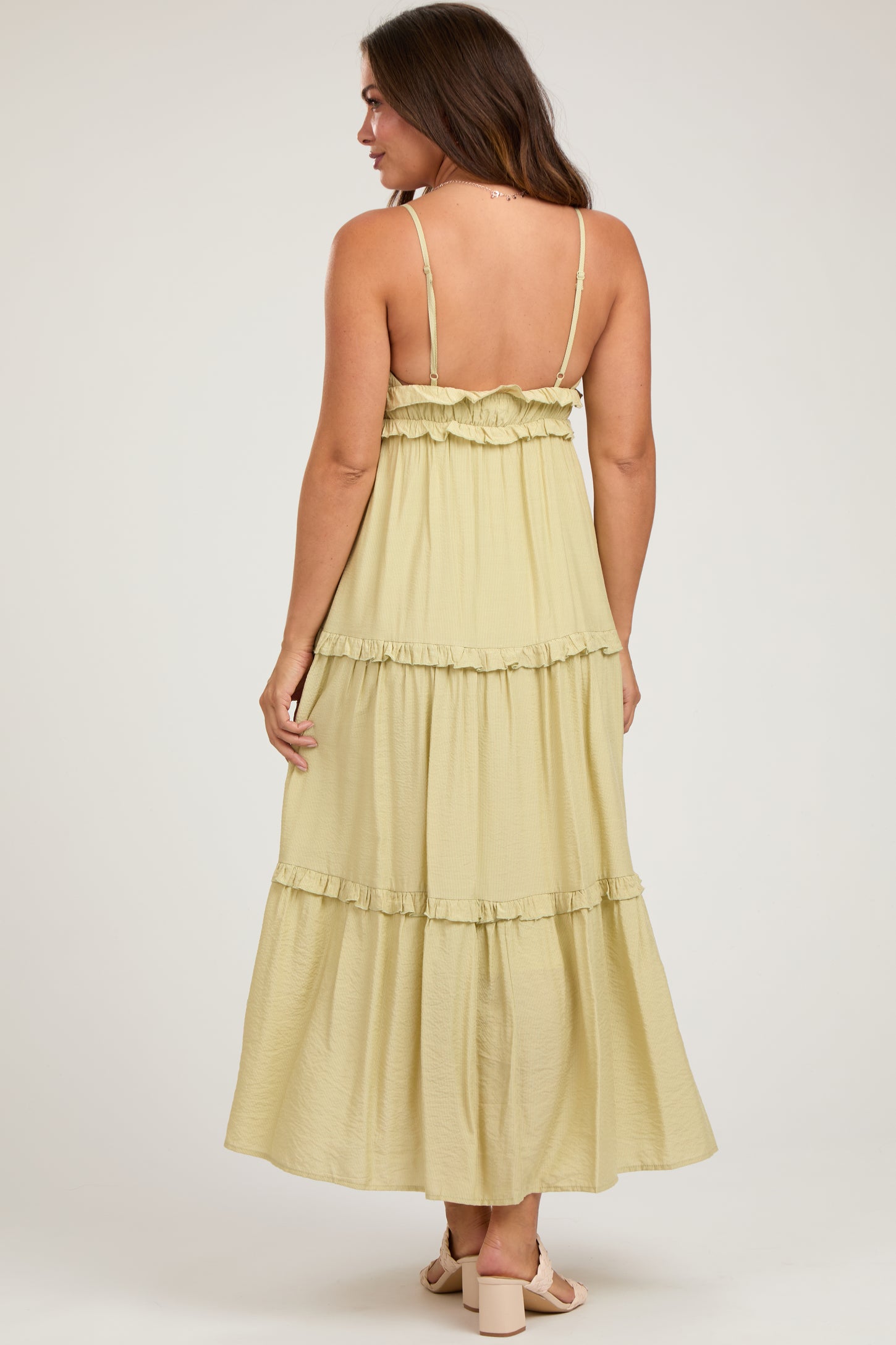 Light Olive Striped Ruffle Tiered Maternity Maxi Dress