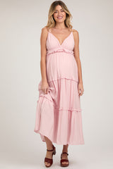 Pink Striped Ruffle Tiered Maternity Maxi Dress