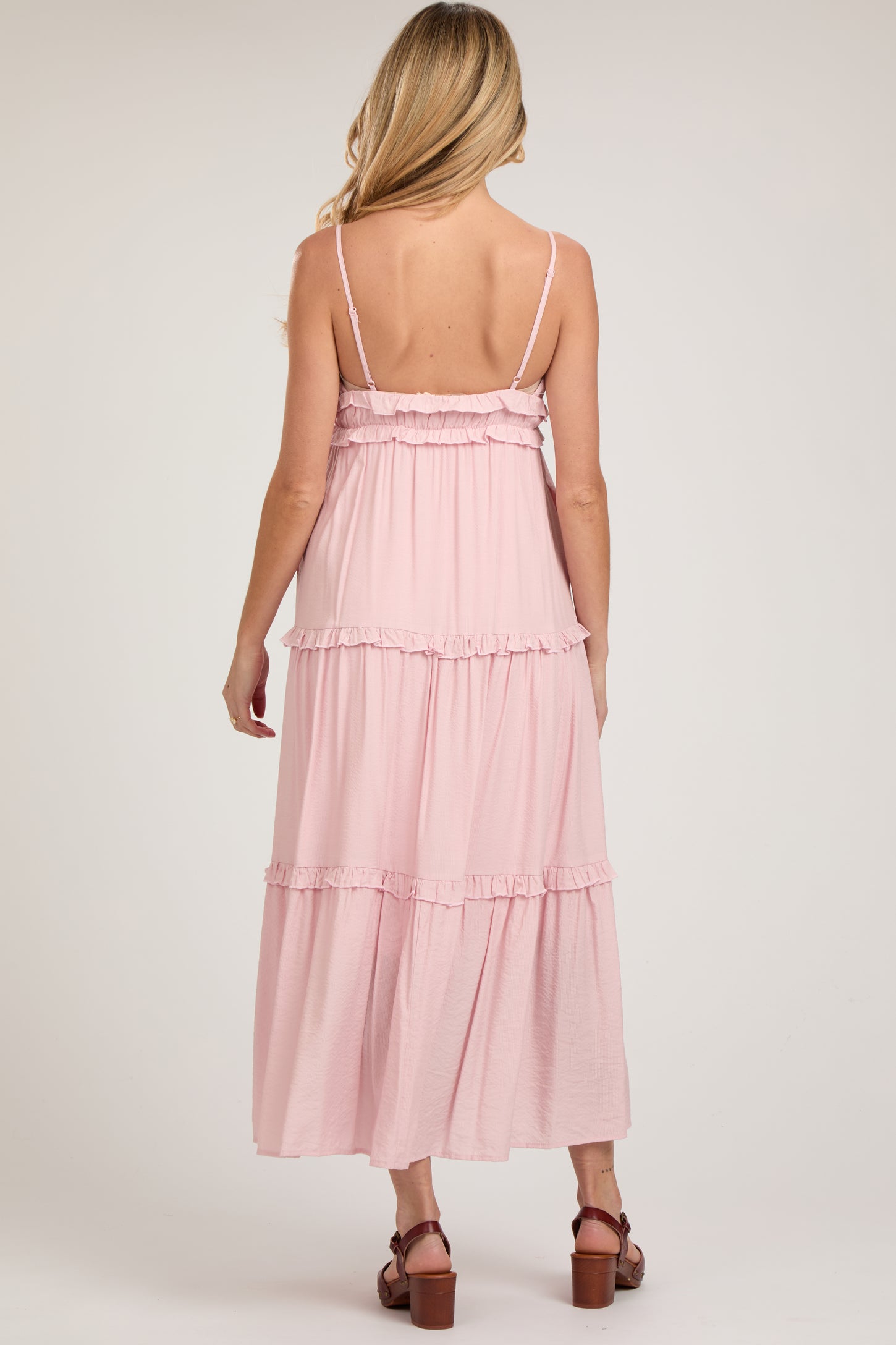 Pink Striped Ruffle Tiered Maternity Maxi Dress PinkBlush