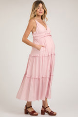 Pink Striped Ruffle Tiered Maternity Maxi Dress