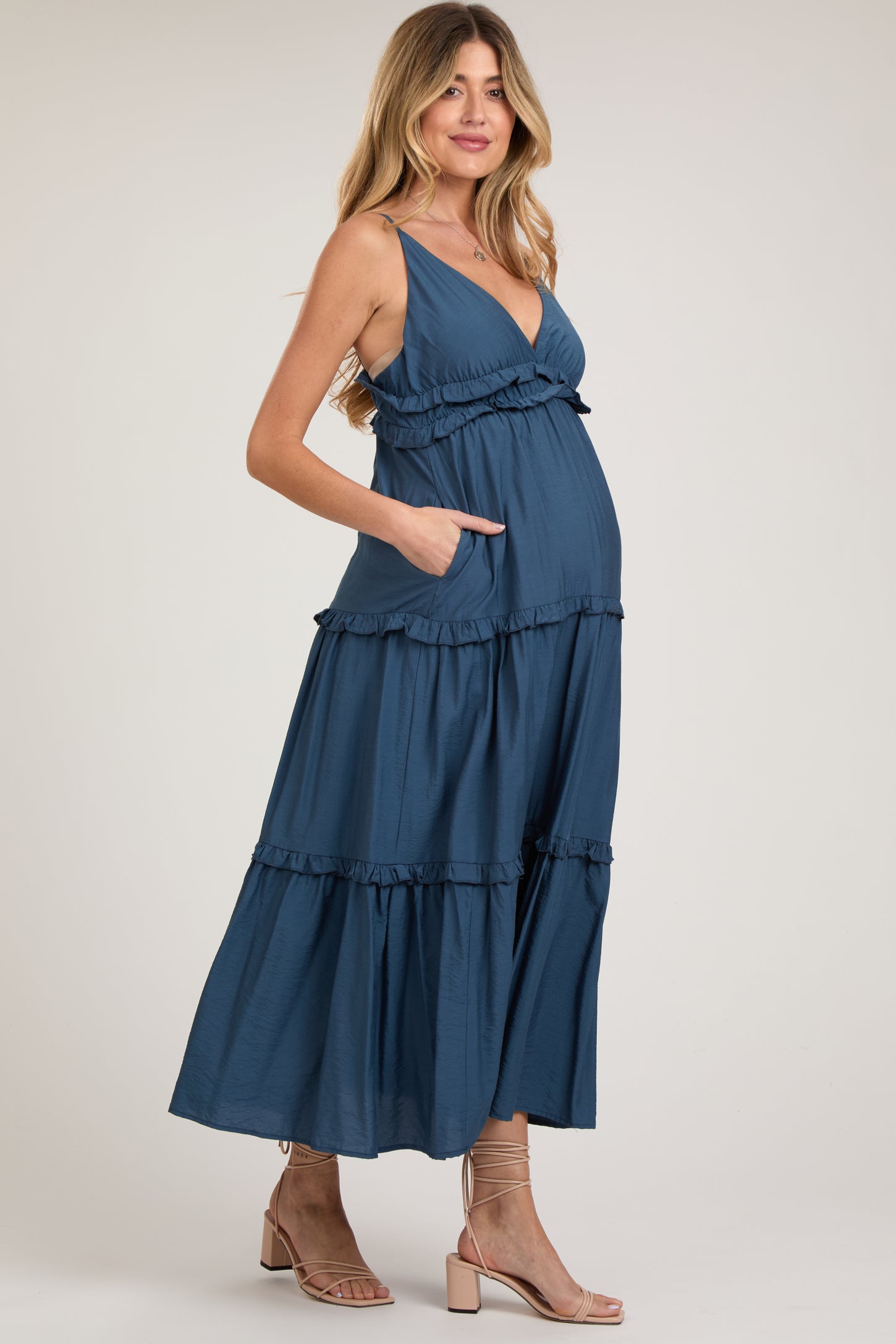 Navy Blue Striped Ruffle Tiered Maternity Maxi Dress – PinkBlush