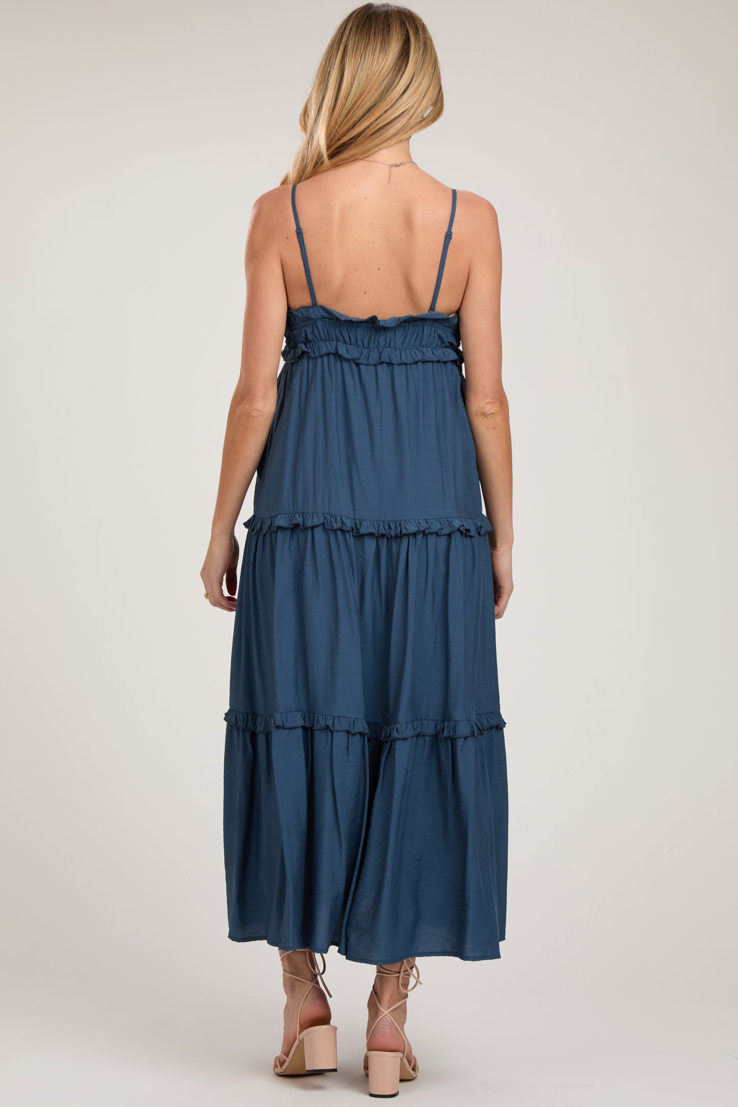 Navy Blue Striped Ruffle Tiered Maternity Maxi Dress