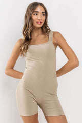Taupe Ribbed Square Neck Sleeveless Romper