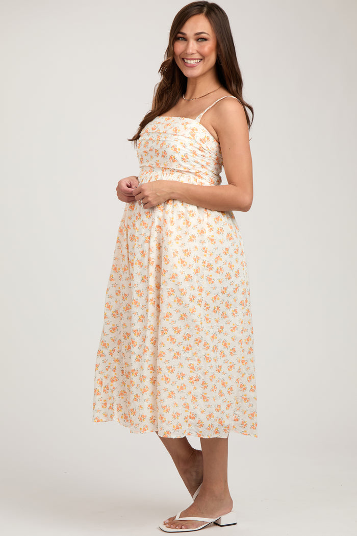 Orange Floral Textured Dot Square Neck Maternity Midi Dress