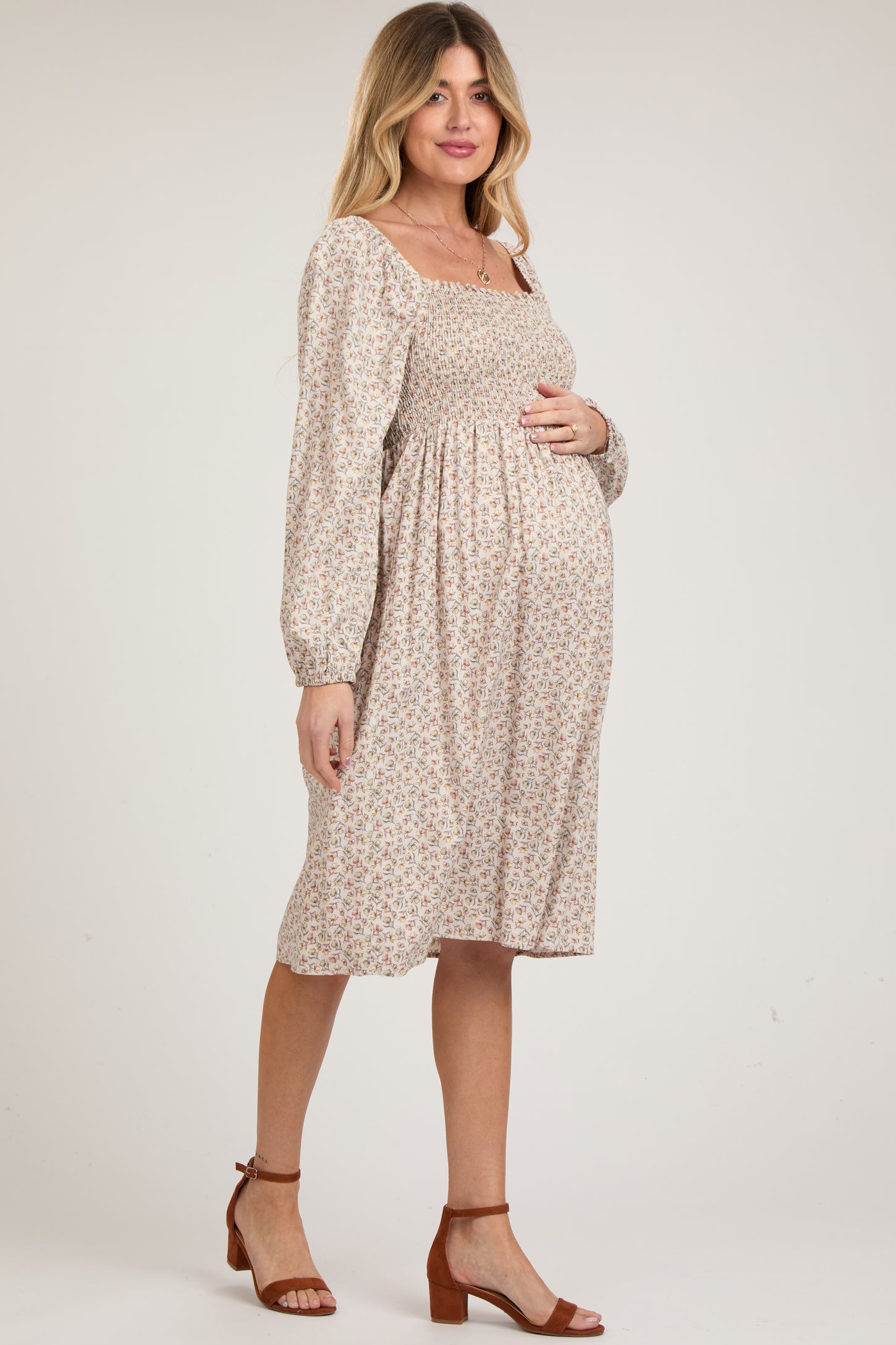 Beige Floral Print Long Sleeve Maternity Midi Dress – PinkBlush