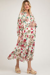 Ivory Floral Button Front Waist Tie Maternity Midi Dress